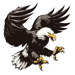 Detailed vector illustration of a bald eagle with wings spread wide, sharp talons extended, and beak open in an aggressive pose. Generative by Ai
