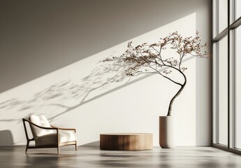 A grunge wall background serves as the setting for a 3D rendered wabi-sabi style interior mockup complete with chair, table, vase, and floor lamp