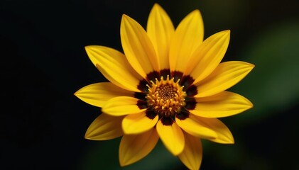 Yellow petals unfolding from a black spiral pinwheel, organic, flower