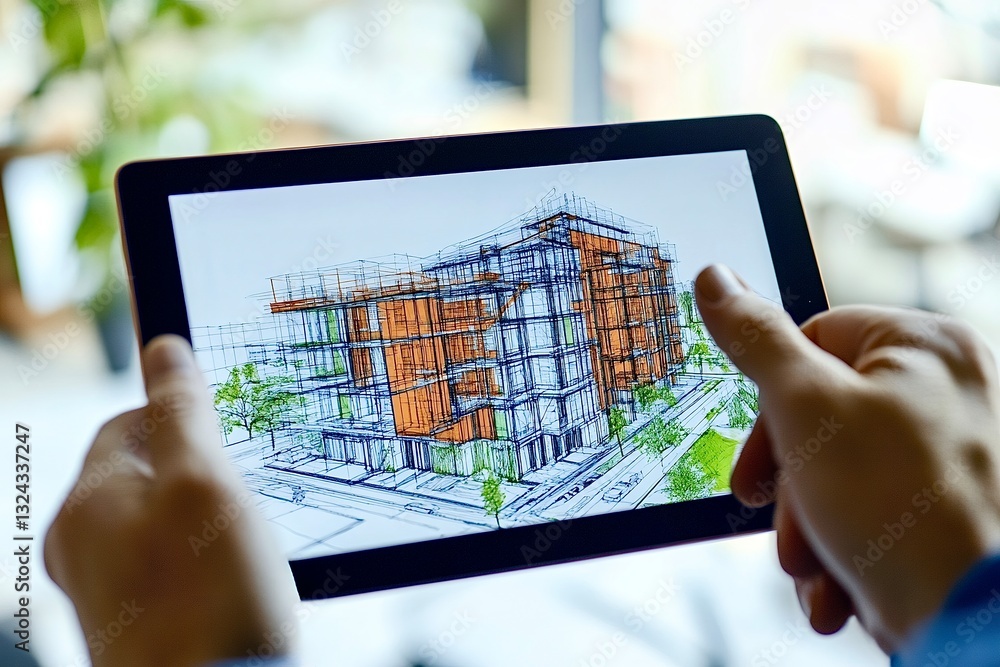 Poster architect using digital tablet showing 3d model of modern sustainable building