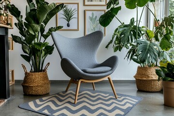 Obraz premium A stylishly designed living room boasts an electric fireplace accompanied by comfortable furnishings