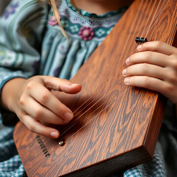 Fingers of a girl playing kankles, Lithuanian plucked string instrument belonging to the Baltic box zither family known as the Baltic psaltery, in Latvian kokles, Estonian kannel, Finnish kantele
