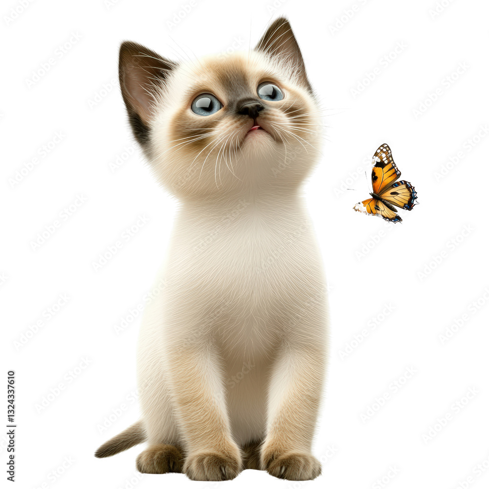 Poster adorable cat curiously interacting with a colorful butterfly in a natural setting capturing a whimsi
