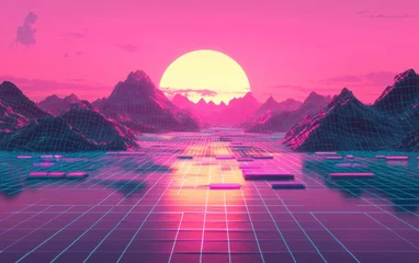 Fototapeten Retro-futuristic synthwave-inspired landscape with glowing grids, isolated on clear white background © Sergey Fedchenko