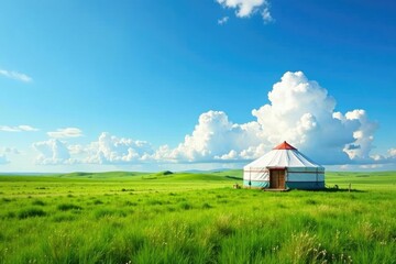 Yurt in a vast grassland under a clear blue sky, grassland, vastness, green landscape