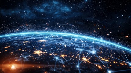 Futuristic visualization of satellite-based internet, Earth surrounded by luminous orbital data streams, space-age connectivity