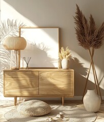 Farmhouse living room interior featuring a mockup frame, created using 3D rendering