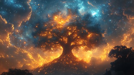 Glowing tree In cosmic sky mystical high resolution image