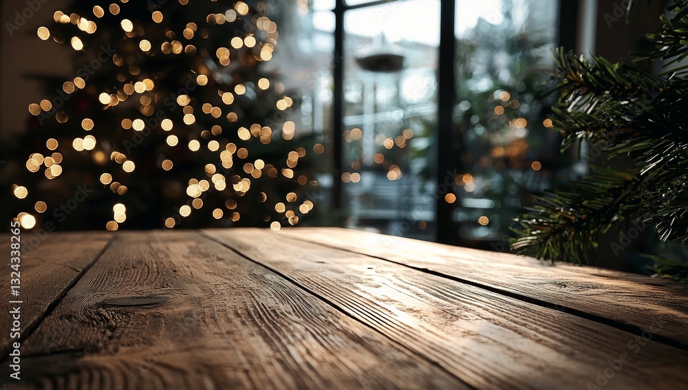 Poster the scene features a dining table made of wood, with a christmas tree visible in the background and 
