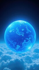 A glowing blue sphere with visible clouds and atmosphere, colour, hue, glowing