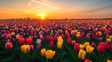 Of a Blooming tulip field in full spectrum of colors stretching under a soft golden sunrise