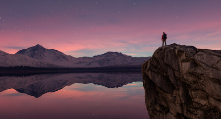 Adventurous Hiker Overlooking Majestic Mountains in Scenic 3D Rendering Landscape