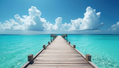 Fototapeta premium Seascape photo of turquoise ocean waters with wooden pier stretching to horizon. Summer vacations scene, beach holiday at tranquil sea coastline with blue skies, clouds, perfect peaceful tropical