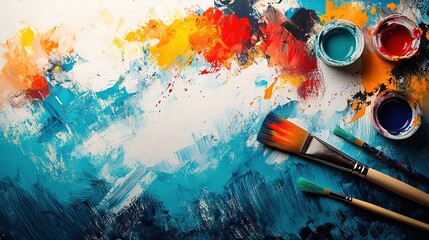 Fototapeta premium Abstract painting with bold brushstrokes of blue, orange, and white, surrounded by paintbrushes and jars of vibrant colors, symbolizing artistic creativity.
