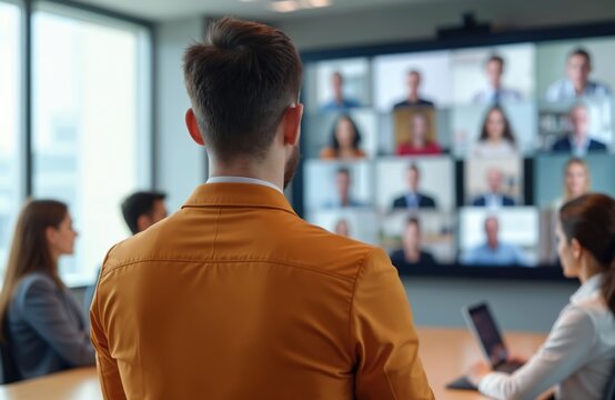 Speaker presents hybrid meeting. Remote participants displayed on large screen in modern conference room. Teamwork, virtual communication, business environment, collaboration via tech solutions.