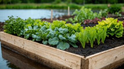 Flood Retention Ponds Concept, Vibrant Community Garden with Lush Vegetables Surrounded by Serene Flood Retention Pond Landscape