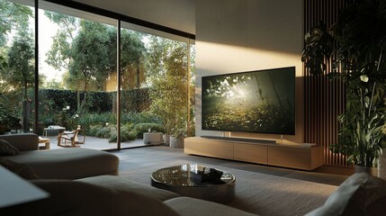 The scene depicts a cozy living room at home in the evening, complete with a chair, lit lamps, and a TV screen displaying a green mock up horizontally