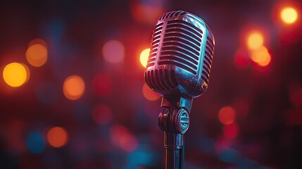 Vibrant neon lights illuminate a vintage microphone on a dark backdrop, creating an exciting atmosphere for music, singing, or comedy.