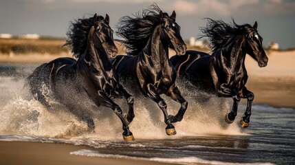 Black horses thrive in their natural environment of sea and sand.
