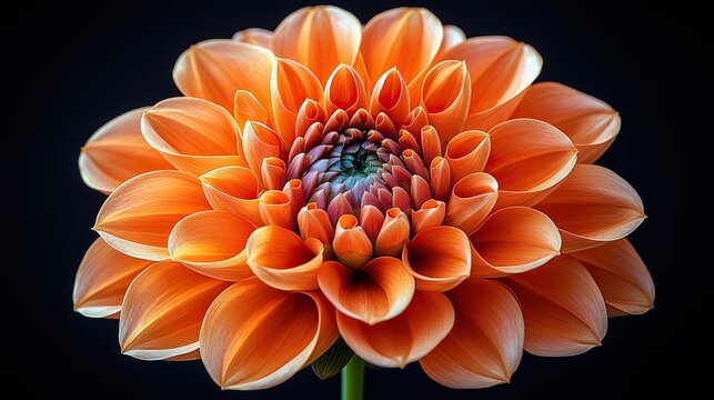 Vibrant orange dahlia blooms against black, showcasing intricate petals for Valentine's, Women's, or Spring celebrations. - Powered by Adobe