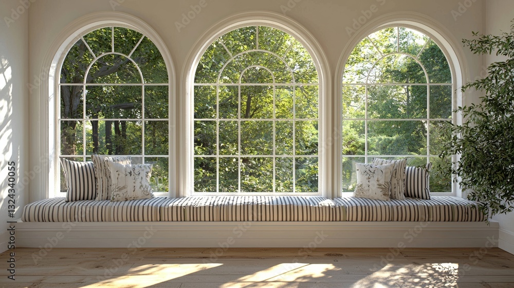 Poster a large window overlooking a garden meadow panorama is set against a minimalist empty space with a c