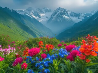 Obraz premium poster, postcard mountain landscape sunrise sky with wildflowers forest on the meadow, beautiful nature in the mountains, flower and green grass, travel and hiking, outdoor active rest, morning light