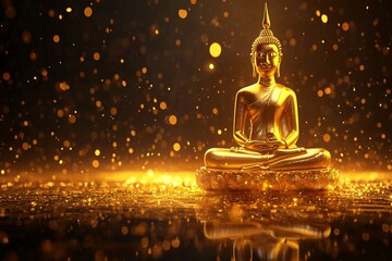 golden buddha statue in sparkling golden light - peaceful meditation