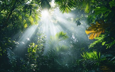 Of a Lush tropical rainforest canopy, with sunbeams filtering through the dense foliage and mist rising from below