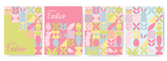 Easter flyers, banners. Easter items in simple geometric shapes, geometry minimalistic style for card, invitation, poster, flyer, web design	