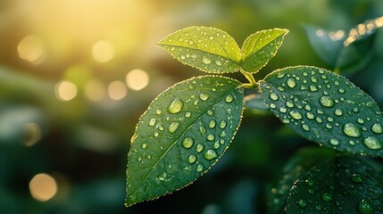 Water droplet on green leaf tip, golden sunlight close-up. Softly blurred natural background.