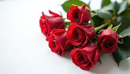 Bunch of red roses with green leaves lying on white surface. Perfect gift for anniversary, love, dating, marriage, Valentine holiday celebration. Romantic fresh aromatic symbol of passion.