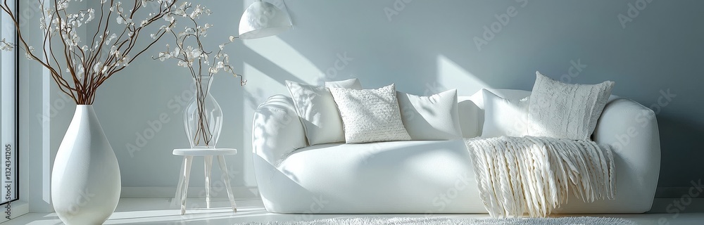 Aufkleber a 3d rendering features a white sofa accompanied by a coffee table in an interior setting