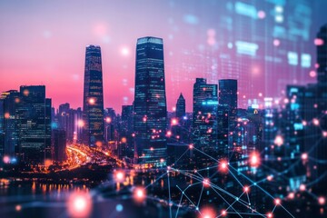 Fototapeta premium Futuristic Cityscape at Dusk with Digital Connections and Glowing Technology in the Skyline