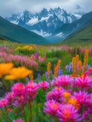 Fototapeta premium poster, postcard mountain landscape sunrise sky with wildflowers forest on the meadow, beautiful nature in the mountains, flower and green grass, travel and hiking, outdoor active rest, morning light