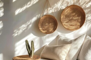 The modern minimal home interior design features pillows, a golden teapot, decorative straw plates, a Scandinavian blanket, a tropical palm tree, a succulent, and various decorations