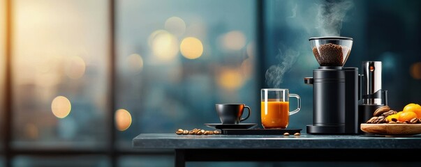Beautiful coffee setup with fresh orange juice and pastries on a kitchen table.