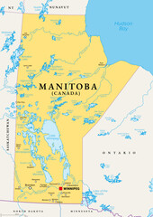 Fototapeta premium Manitoba, a province of Canada, political map with boundaries, and largest cities, rivers and lakes. Located at the longitudinal centre of the country, with capital Winnipeg. Illustration. Vector