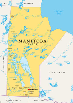 Manitoba, a province of Canada, political map with boundaries, and largest cities, rivers and lakes. Located at the longitudinal centre of the country, with capital Winnipeg. Illustration. Vector