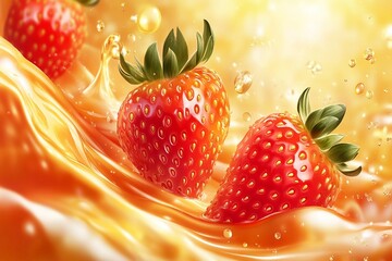 juicy strawberries splashing in orange juice