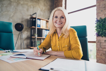 Photo of positive good mood lady specialist dressed shirt writing book indoors workstation workshop