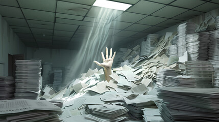A corporate office with piles of documents and a hand sticking out of the top of the documents.