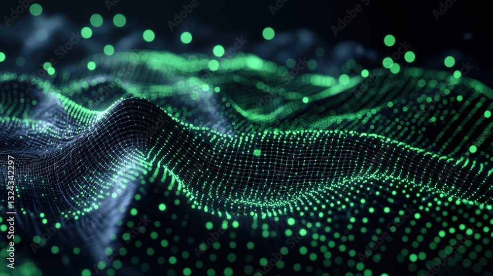 Poster elegant green and black background featuring a unique wave pattern with a glowing effect for modern 
