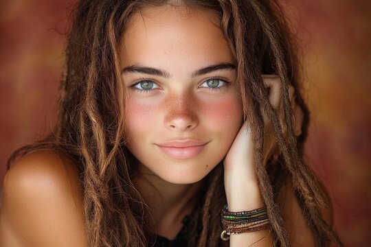 A young woman with beautiful dreadlocks and striking green eyes