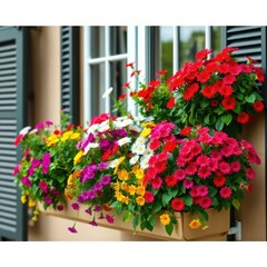 Fototapeta premium A lush green and colorful garden box overflow with blooming flowers, balcony, planters, flowers