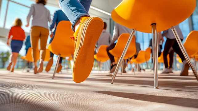Stride into Innovation: A dynamic shot captures people's feet, sneakers, and legs walking. Yellow chair fill the room
