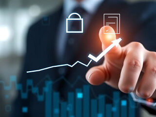 Man finger touch check mark, digital documents and files hologram