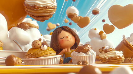 Sweet Dreams in Confectionery Wonderland: A cartoon girl surrounded by floating cakes and hearts, in a whimsical and delicious wonderland