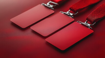 Red identification badges with lanyards displayed on a flat surface, showing preparation for an event or conference, highlighted against a deep red background