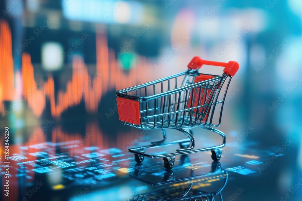Poster metallic shopping cart on digital display with financial trends and data visualizations