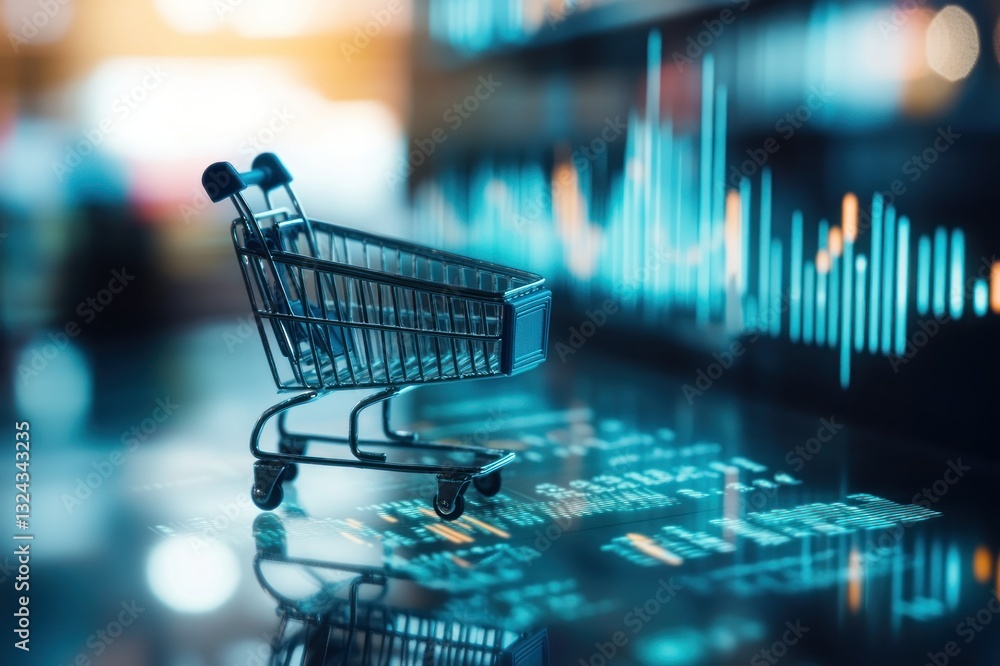 Poster shopping cart on table with digital graph and data visualization for e-commerce concept